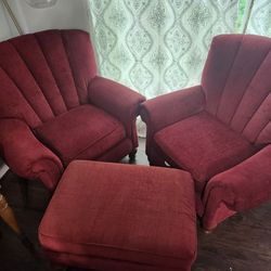 2 Red Arm Chairs With Ottoman