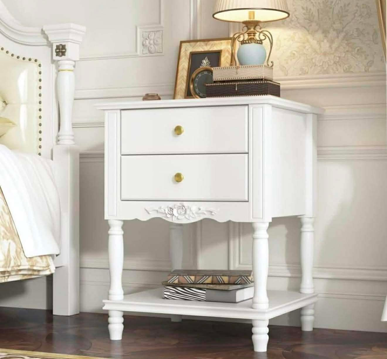 French Country Nightstand with 2 Drawers & Open Shelf, Accent End Bed Side Table with Wooden Legs
