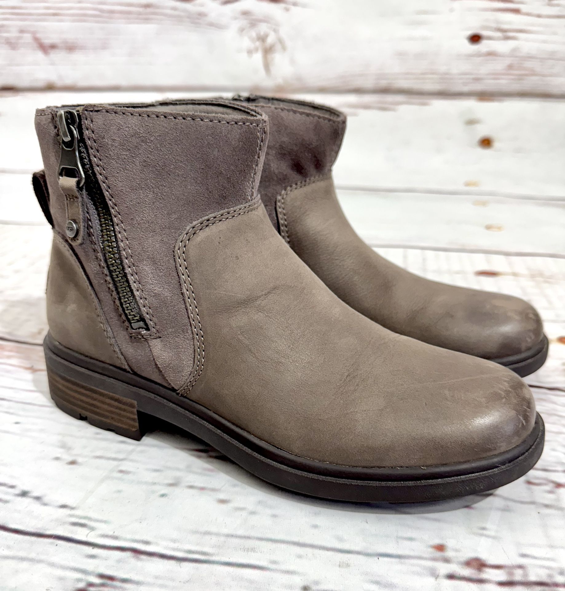 Ugg Women's Harrison Zip Ankle Boots Leather Waterproof Sz 6 Gray 1123287 EUC