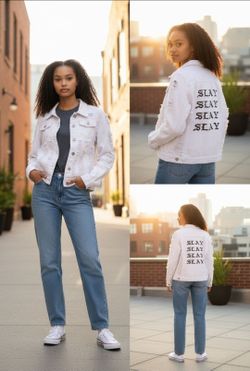 Dazl Women's XL Distressed Acid-Washed Denim Jacket Ripped Grunge Y2K Streetwear. This white distressed denim jacket features a graphic on the back wi