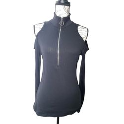 Women’s Black Ribbed Knit Cut Out Blouse