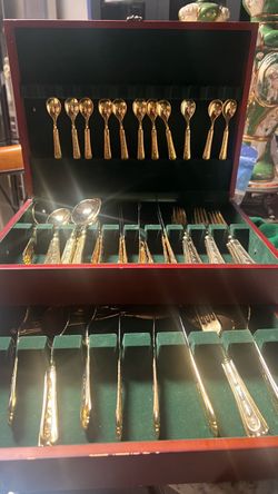 Gold-Tone Flatware Set in Wooden Storage Case