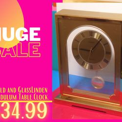 Gold & Glass LINDEN Germany PendulumTable Clock 8x6”.