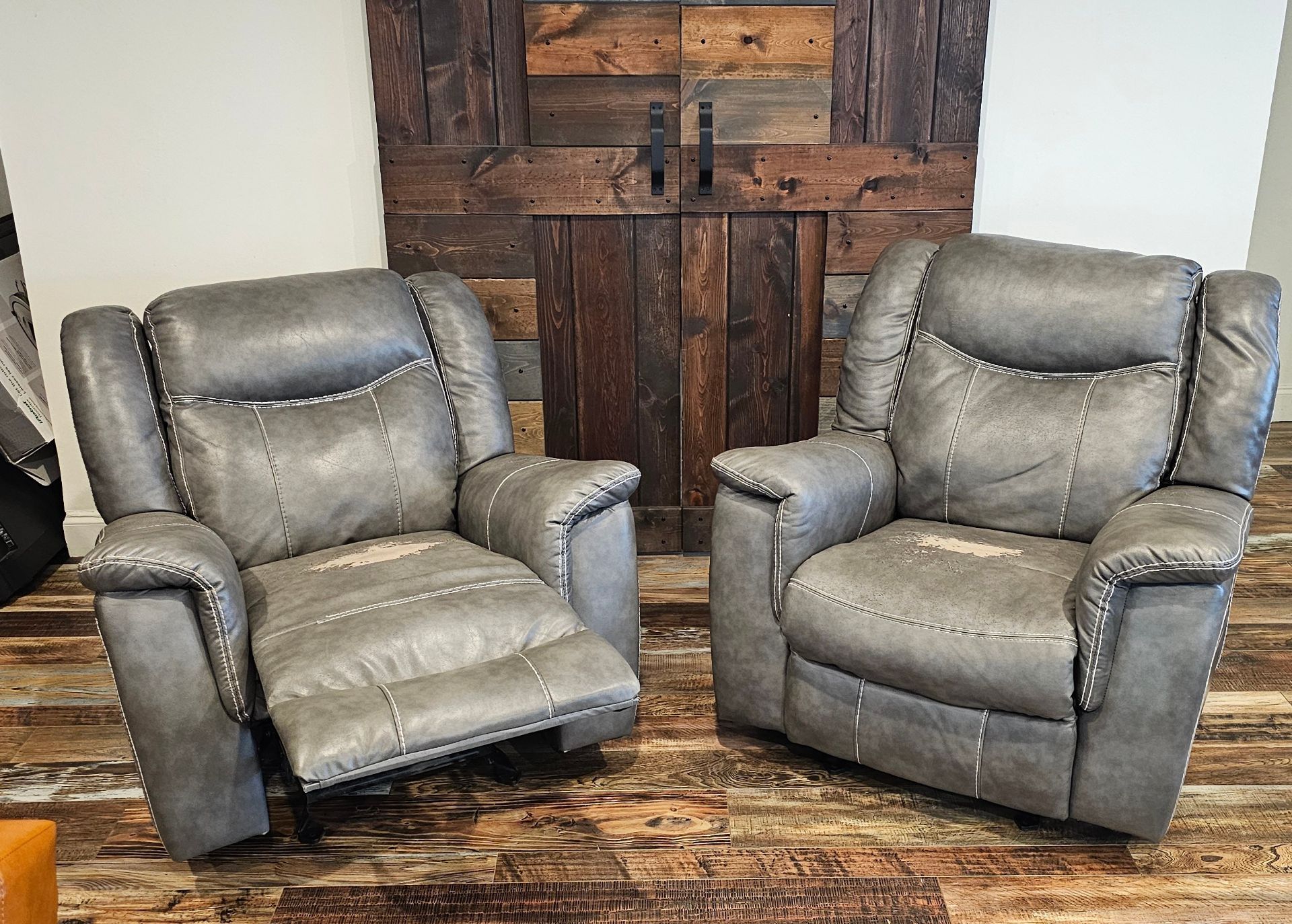 Leatherette Glider Recliner Chairs with Overstuffed Arms + Loveseat