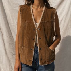 Vintage Brown Leather Shearling Vest – Medium