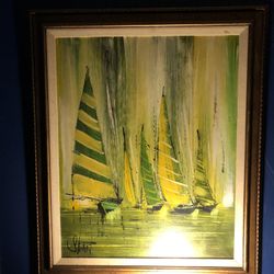 Mid-Century Modern 1950's-60's Large Sailboats Oil Painting