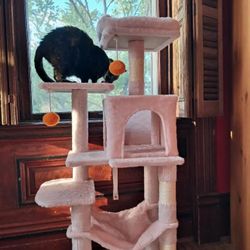 Feandrea Cat Tree, 44.1-Inch Cat Tower for Indoor Cats, Multi-Level Cat Condo with 4 Scratching Posts, 2 Perches, Hammock, Cave, Jelly Pink 
