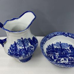 Victoria Ware Blue & White Ironstone Water Picture And Basin Bowl Set