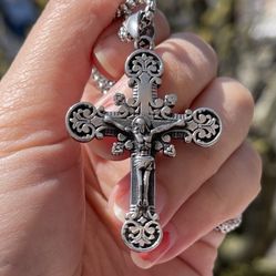 Mens Jesus Christ Crucifix Cross Stainless Steel Pendant Necklace For Men