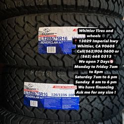 SET OF NEW TIRES LT285/75R16 ATLANDER AT , INCLUDING MOUNTING AND BALANCING. ASK ME FOR ANY SIZE OR BRAND, WE HAVE THE BEST PRICES OF CALIFORNIA