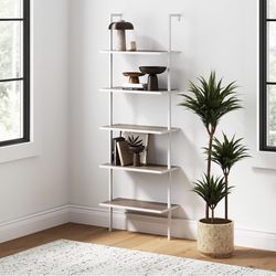 Leaning 5-Shelf Modern Bookcase, Open Wall Mount Ladder Bookshelf with Metal Frame, Gray Oak Wood/White  24 W x 15 D x 72 H 