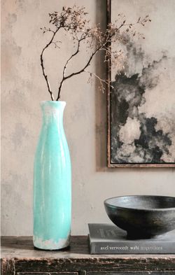 Turquoise Pottery Vase 12" round 12.25”  Ocean green,Crackle Glaze Art
