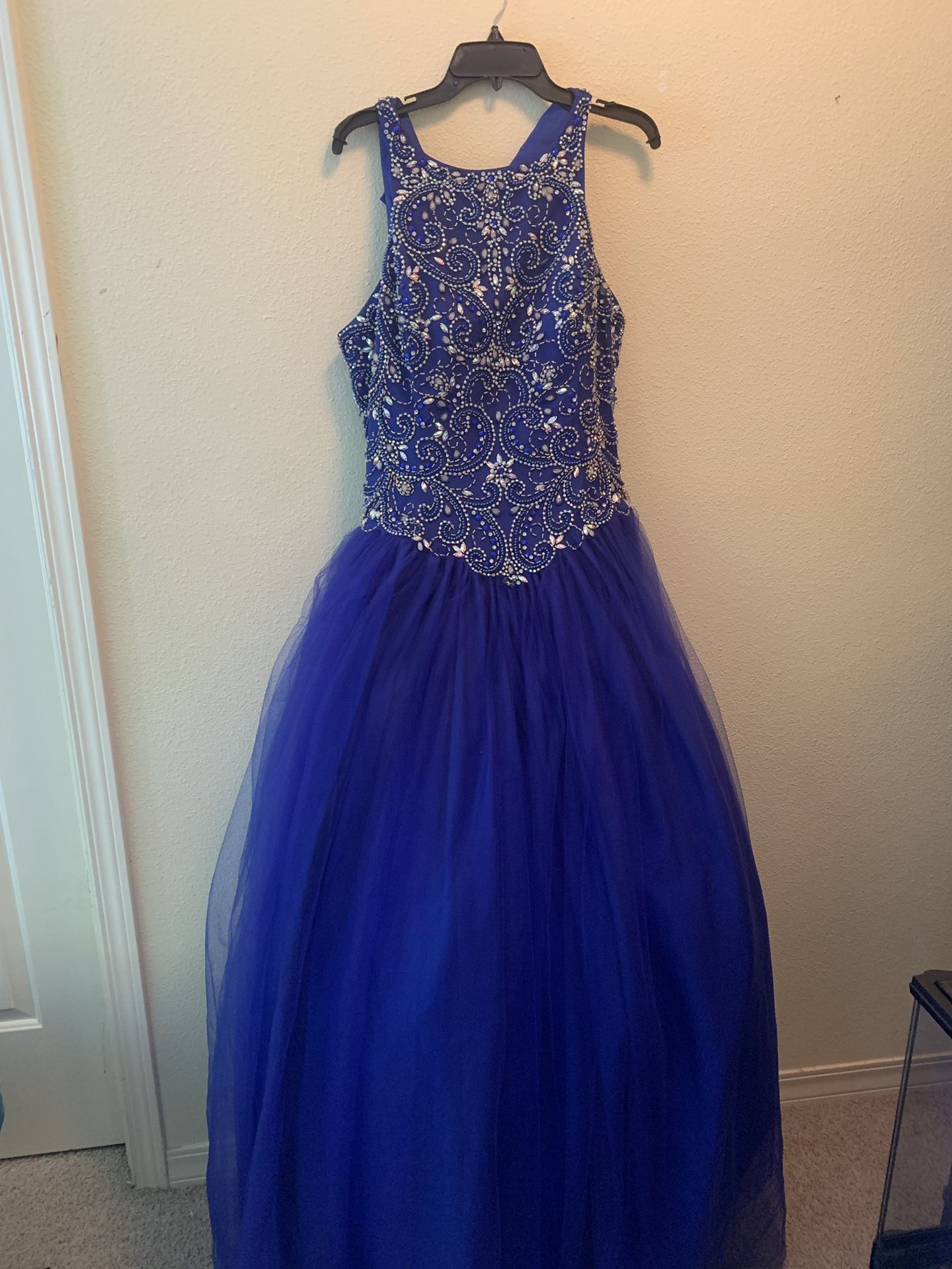 Cobalt Blue Sleeveless Gown w/ Bejeweled Bodice & Corset Back