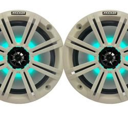 KICKER 8" 300 Watt Max Power 2-Way Marine OEM Replacement RGB Multicolor LED Coaxial Boat Audio Speakers (Pair) with White Grilles