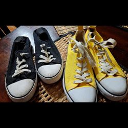 SHOES, SZ 11, PREOWNED YELLOW OR BLACK, $12 EACH OR BOTH FOR $20