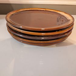 5 vintage Pottery "Brown Drip" dinner plates And 1 coral Dinner Plate