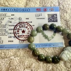 Type A Green Jade 13mm Bead Bracelet with Carved Pixiu