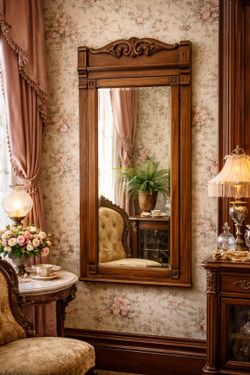 Vintage Victorian Biedermeir Carved Oak Beveled Leaded Glass Cheval Mirror - 25.5" x 59.5"