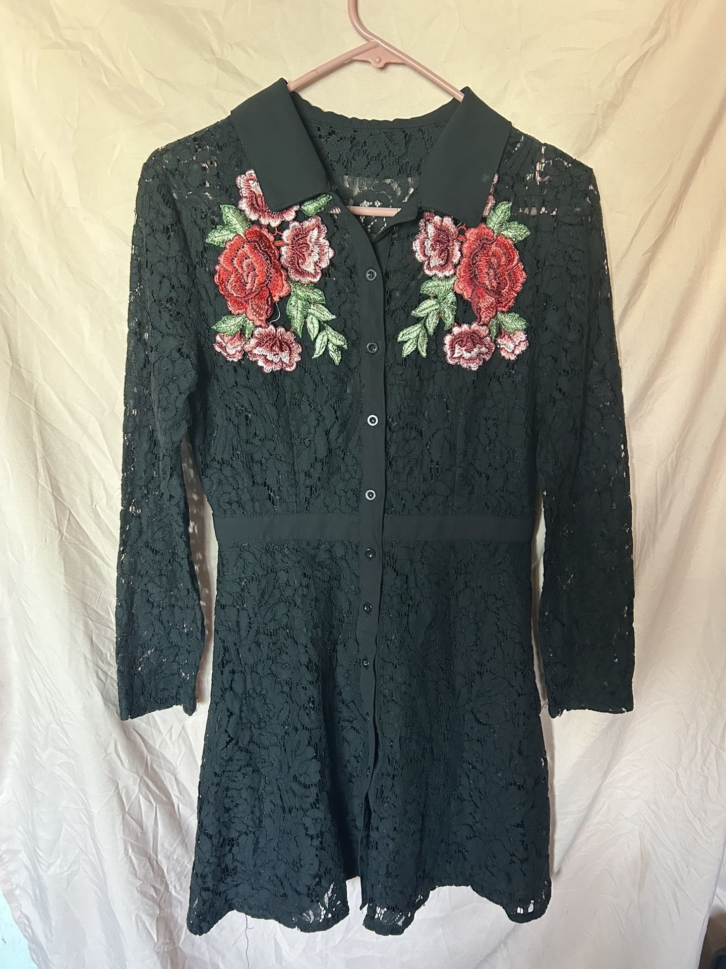 Black Lace Button Up Dress