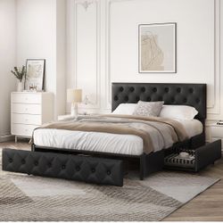 Queen Bed Frame Upholstered Bed Frame with Adjustable Diamond Button-Tufted Headboard/3 Drawers Storage, Queen Platform Bed/Strong Wooden Slats, Black