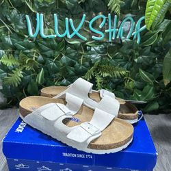 Birkenstock Arizona Soft Footbed Suede Leather Sandals Antique White US 9 EU 40