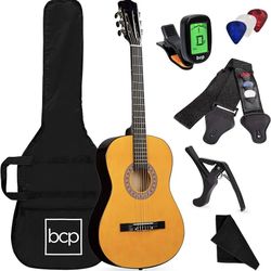 Best Choice Products 38in Beginner All Wood Acoustic Guitar Starter Kit w/Gig Bag, Digital Tuner, 6 Celluloid Picks, Nylon Strings, Capo, Cloth, Strap