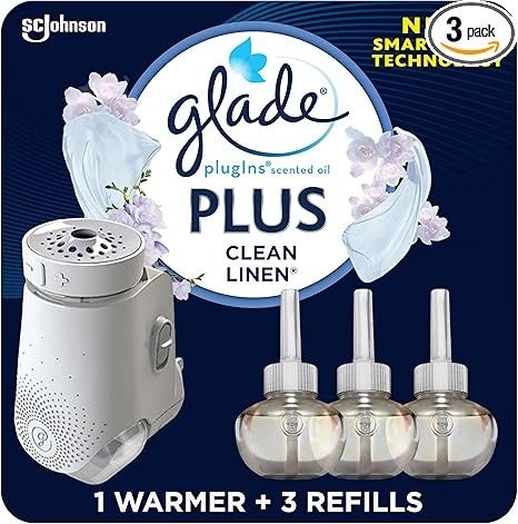Glade PlugIns Plus Refills Air Freshener Starter Kit, Clean Linen, Scented and Essential Oils for Home and Bathroom, 0.67 Fl Oz, 1 Warmer + 3 Refills