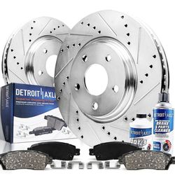 Detroit/Axle. Premium Drilled And Slotted Rotors With Brake Pads And Cleaning Solution..