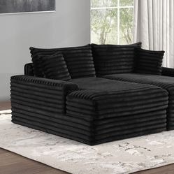 Double Chaise Sofa Black Wide Corduroy Cup Holders USB Charging Port Pillows Included Brand New In Box Firm Price $799