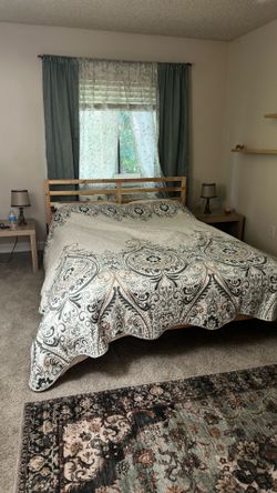 IKEA TARVA Queen Bed Frame with 2 small tables and 2 lamps