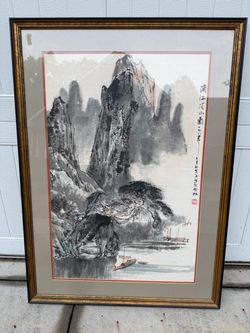 Chinese shanshui framed ink and color painting