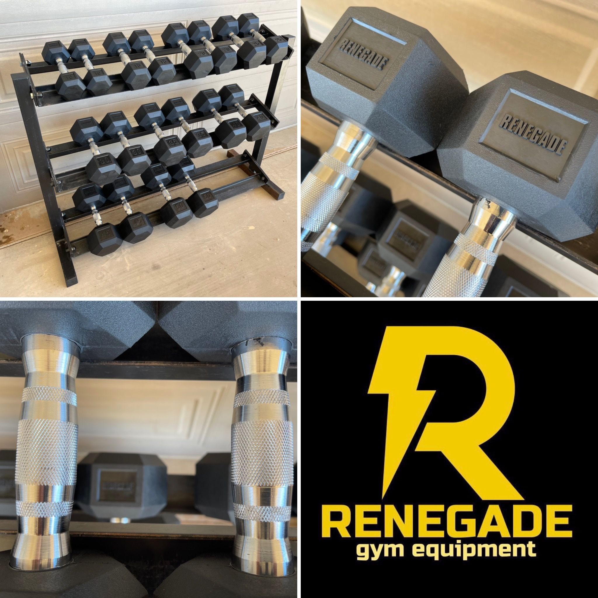 Brand New Renegade 50 Pound Rubber Hex Dumbbell Set With Storage
