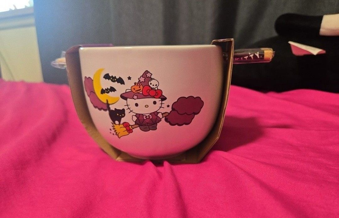 Hello Kitty Ceramic Bowl With Chopsticks Halloween