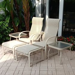 outdoor patio furniture set 2 highback chairs with 2 foot ottomans and 2 side tables $300 FIRM