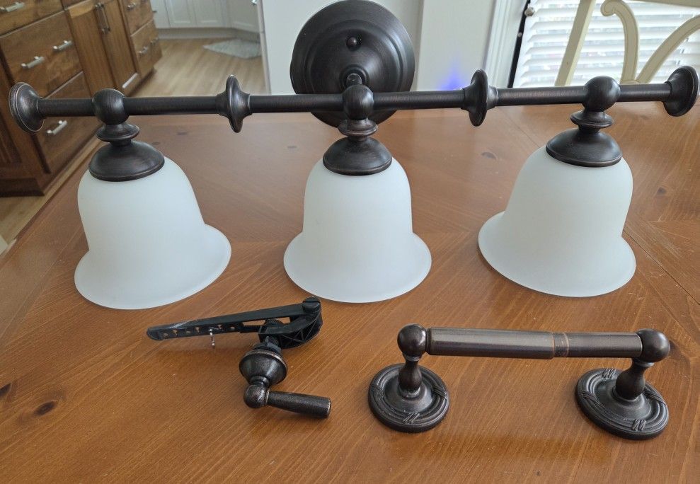 3 light fixture, toilet paper holder and toilet handle