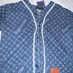 Louis Vuitton X Supreme Denim Baseball Jersey