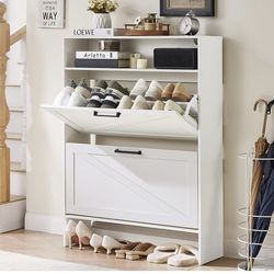 Shoe Storage Cabinet with 2 Flip Drawers,Farmhouse Narrow Shoe Organizer with Legs,Freestanding Hidden Slim Shoe Rack Cabinet with Open Storage for En