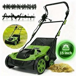 15-inch Dethatcher and Scarifier,15A Electric Dethatcher with 5-Position Depth Adjustment & 12L Collection Bag & Tool-Free Blade Change