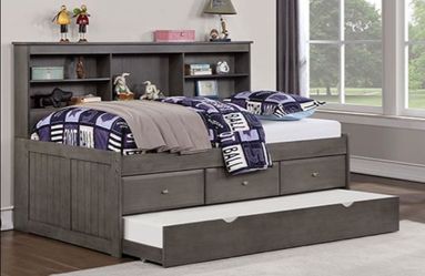 Brand New Grey Full Bed Frame w Twin Trundle Bed + Drawers