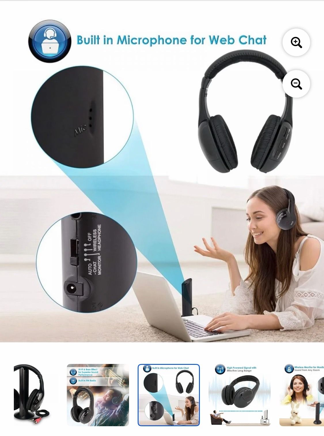 5-in-1 Wireless Headphones Headset MH2001 MP3 MP4 PC CD DVD Audio TV FM Radio-Listen to Music, Chat Online & Monitor Other Rooms!