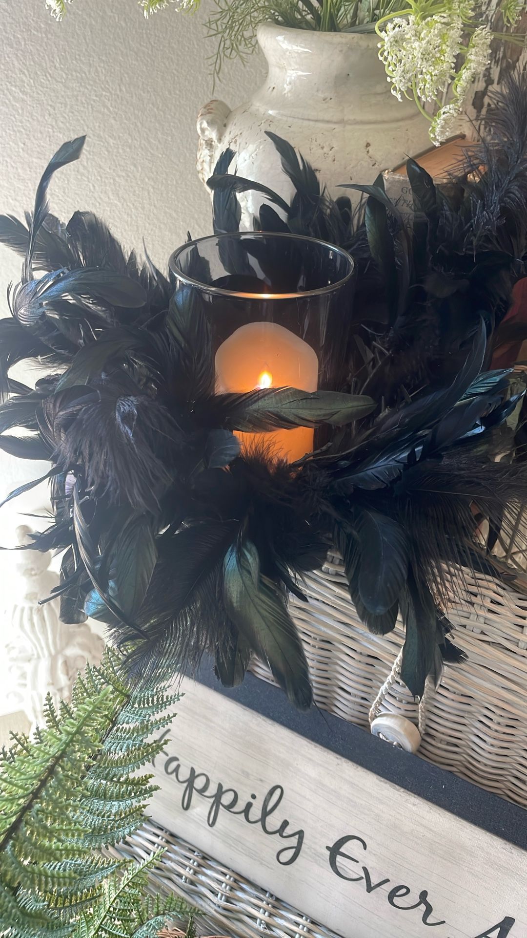 Spooky Black Feather Candle Holder