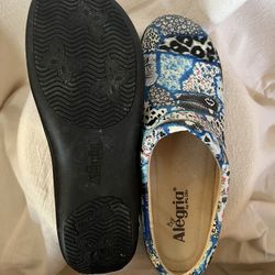Alegria by PG Lite - blue and white clog with animal skin/print designs