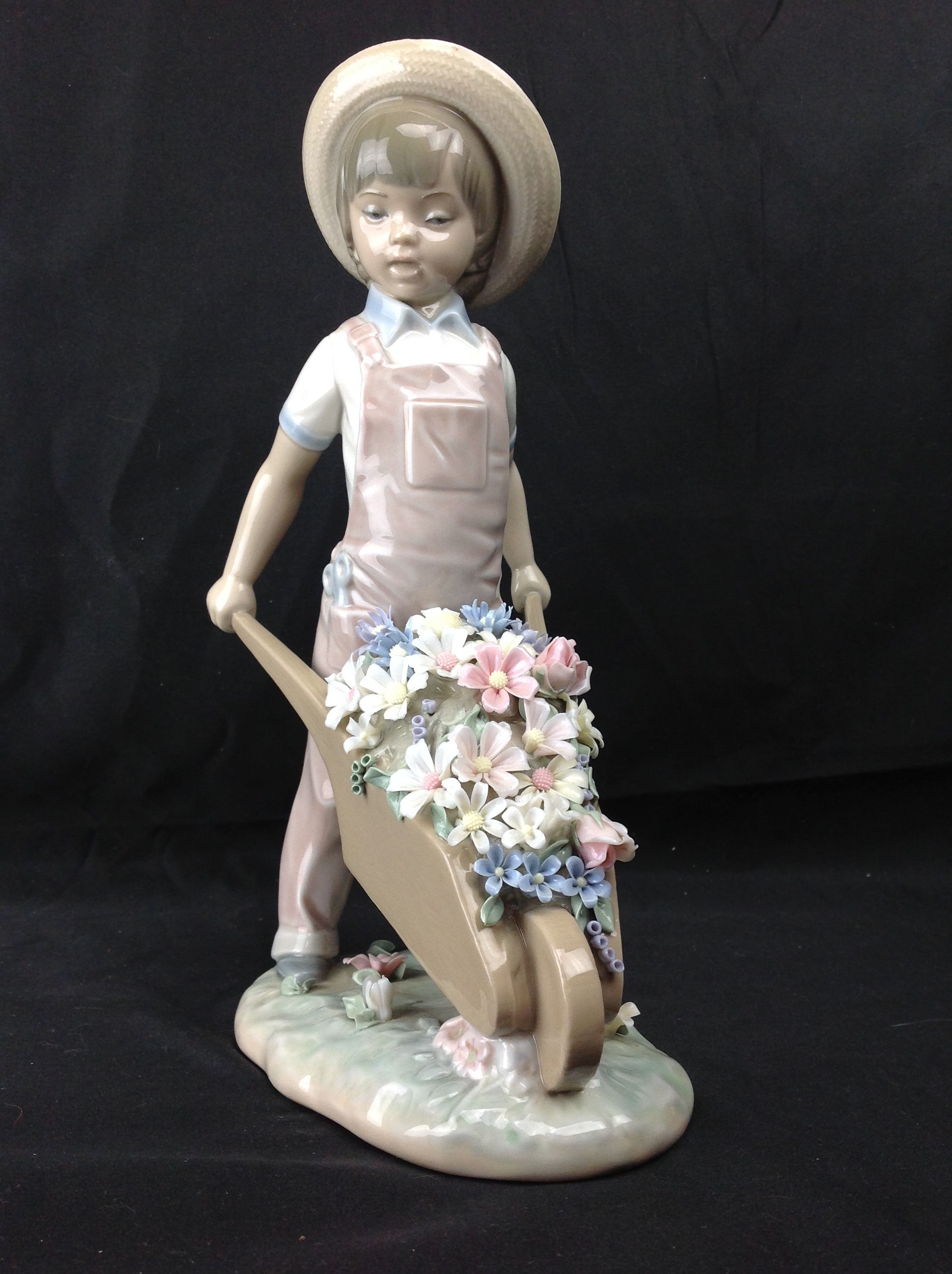 Lladro Wheelbarrow with Flowers Figurine