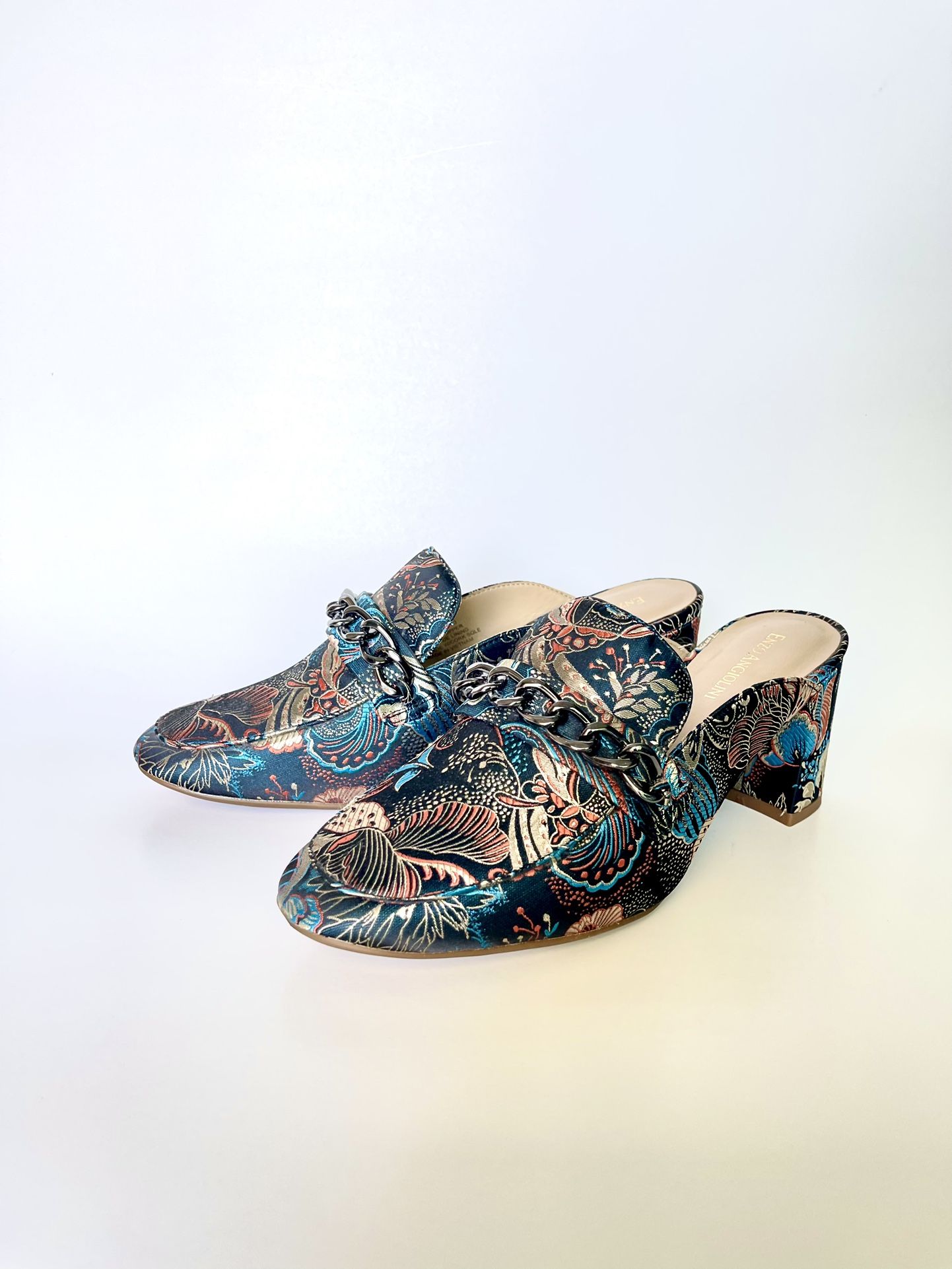 Enzo Angiolini Floral Tapestry Gillian Pewter Chain Gillian Mules Shoes Women's Size 8.5