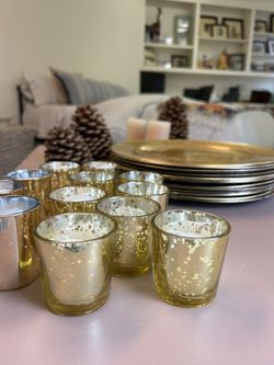Dozen Gold votives Candles/charger Plates
