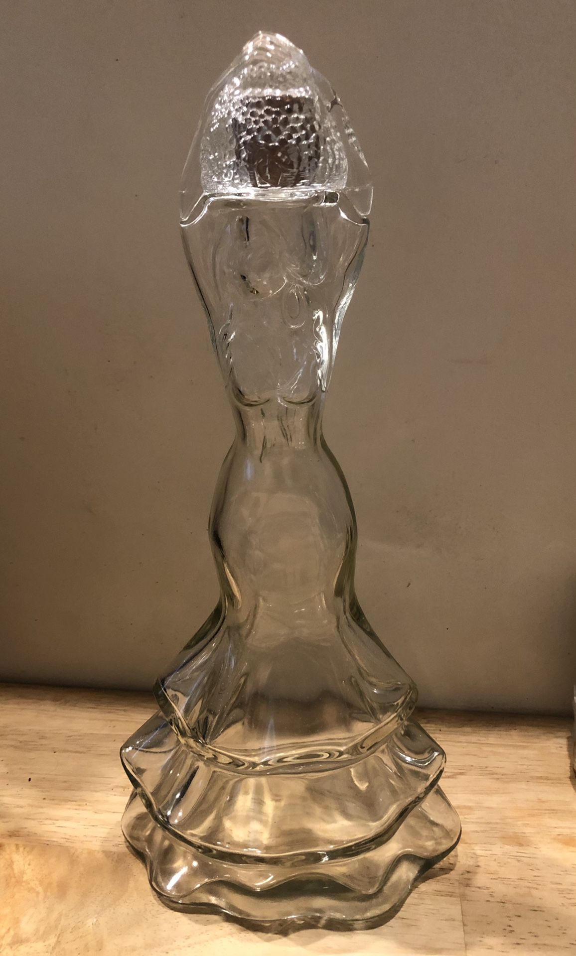 Antique Vintage Glass Woman Lady Holding Basket Decanter Corked Bottle Bar ware