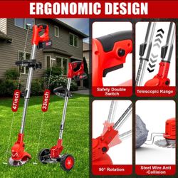 Cordless Weed Wacker, Electric Grass Trimmer 21V 2.0Ah Battery Powered Weed Trimmer, 3 in 1 Stringless Lightweight Brush Cutter/Edger/Mower with 4 Typ