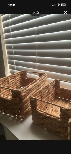 Natural Woven Wicker Baskets - Boho Storage Bins with Handles
