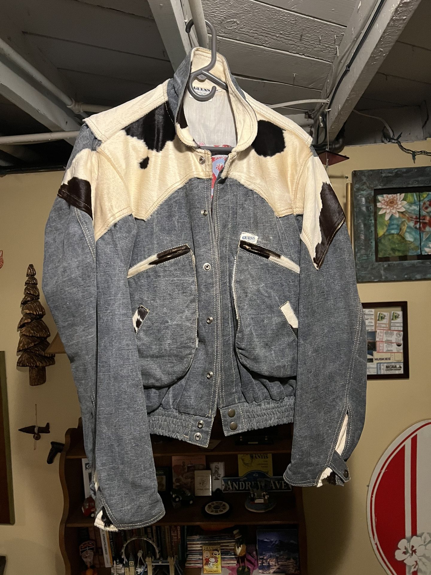 Men’s Vintage Guess Stone Washed Cowboy Cow Skin Jean Jacket S/M