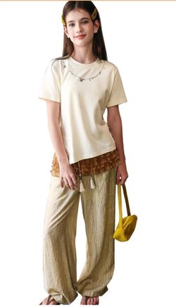 17-18 years old Girl Summer Casual 2-Piece Set Short Sleeves&Striped Wide-Leg Pants Seashell Drawstring Tassel Decoration Beach Yoga Travel